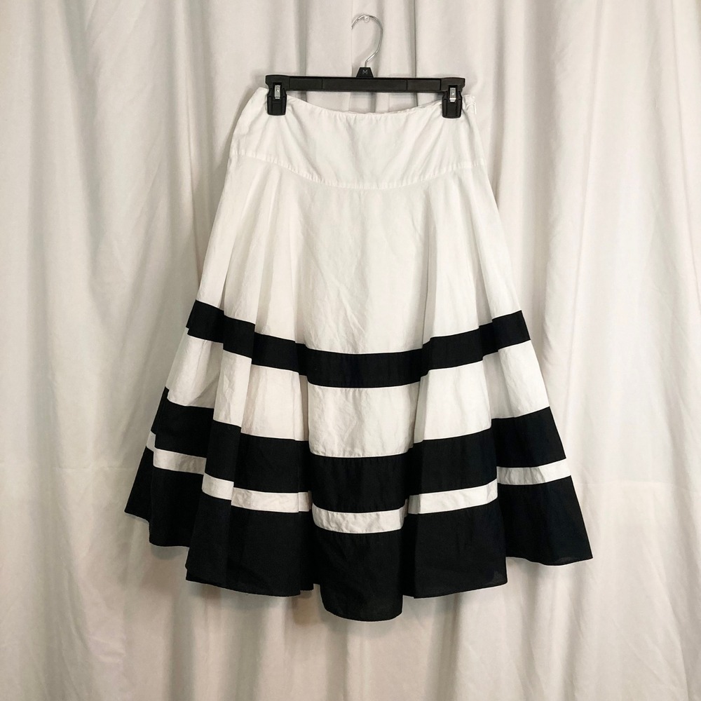 Y2k White Black Stripe A-Line Midi Skirt 100% Cotton Nine West 2 Nautical Preppy